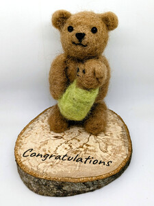 Personalised Needle Felted Congratulations Teddy Holding Baby on a Wood Slice