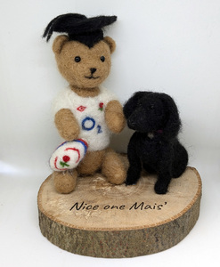 Personalised Needle Felted Congratulations Teddy Wearing England Rugby Top and University Mortarboard with Black Cocker Spaniel on a Wood Slice