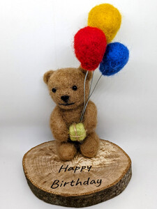 Personalised Needle Felted Happy Birthday Teddy Holding Balloons on a Wood Slice