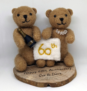 Personalised Needle Felted Happy Anniversary Bears on a Wood Slice