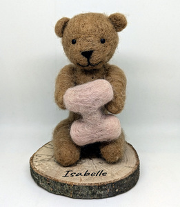 Personalised Needle Felted Teddy Holding Newborn Name on a Wood Slice